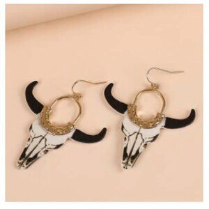 NEW Western Earrings - White & Black Bulls Head Cow - 18K Gold Plated finding